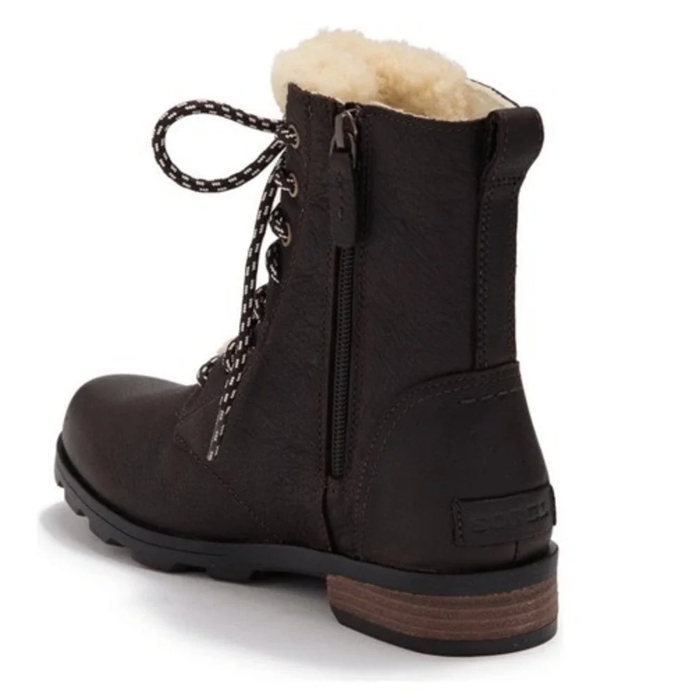 SOREL Emelie Genuine Shearling Lamb Fur Short‎ Lace-Up Boot, Brown, Size 11, NWT